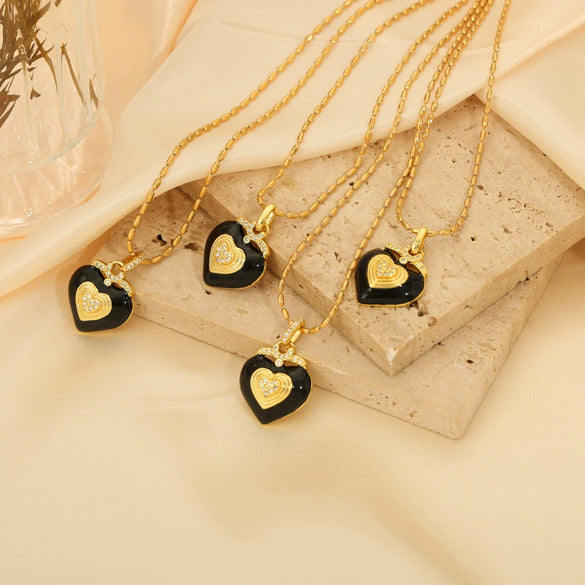 Retro Light Luxury Enamel Glazed 316L Stainless Steel Heart Pendant Necklace For Women's Jewelry