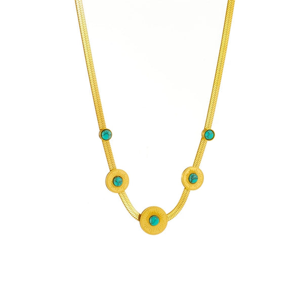 Retro Light Luxury Natural Turquoise Titanium Steel Snake Bone Chain Necklace With Geometric Design And Electroplating