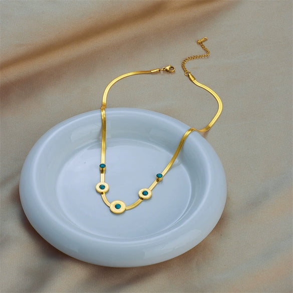 Retro Light Luxury Natural Turquoise Titanium Steel Snake Bone Chain Necklace With Geometric Design And Electroplating