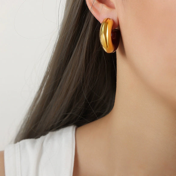 Retro Light Luxury Niche Design 316L Stainless Steel Gold Plated Geometric C Shaped Glazed Dripping Oil Earrings For Women