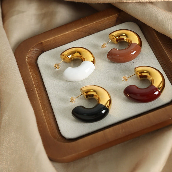 Retro Light Luxury Niche Design 316L Stainless Steel Gold Plated Geometric C Shaped Glazed Dripping Oil Earrings For Women