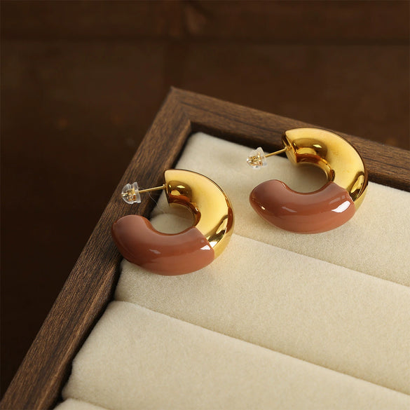 Retro Light Luxury Niche Design 316L Stainless Steel Gold Plated Geometric C Shaped Glazed Dripping Oil Earrings For Women