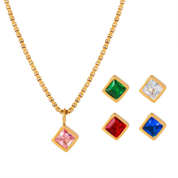 Retro Light Luxury Square Mixed Gem Inlay Multicolor Zircon Pendant 316L Stainless Steel Necklace Jewelry With Electroplating And Geometric Design