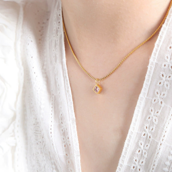 Retro Light Luxury Square Mixed Gem Inlay Multicolor Zircon Pendant 316L Stainless Steel Necklace Jewelry With Electroplating And Geometric Design