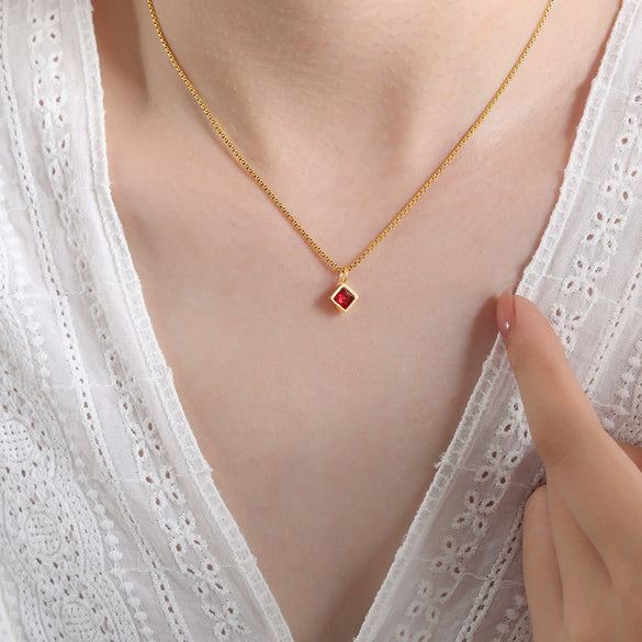 Retro Light Luxury Square Mixed Gem Inlay Multicolor Zircon Pendant 316L Stainless Steel Necklace Jewelry With Electroplating And Geometric Design
