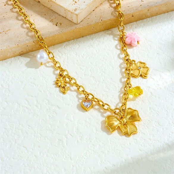 Retro Love Sticky Pearl Collarbone Necklace With Pink Flower And Bow Stainless Steel O Word Chain Electroplated