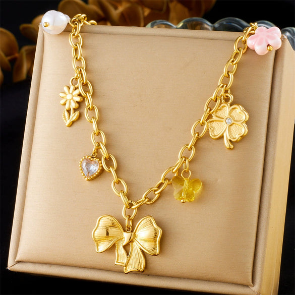 Retro Love Sticky Pearl Collarbone Necklace With Pink Flower And Bow Stainless Steel O Word Chain Electroplated
