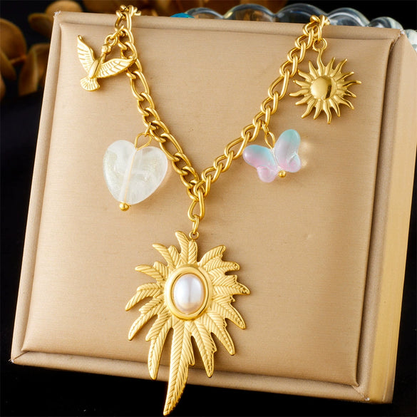 Retro Love Sticky Pearl Collarbone Necklace With Pink Flower And Bow Stainless Steel O Word Chain Electroplated