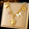 Retro Love Sticky Pearl Collarbone Necklace With Pink Flower And Bow Stainless Steel O Word Chain Electroplated