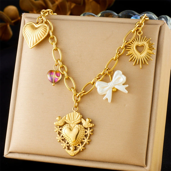 Retro Love Sticky Pearl Collarbone Necklace With Pink Flower And Bow Stainless Steel O Word Chain Electroplated