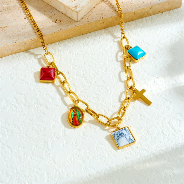 Retro Love Sticky Pearl Collarbone Necklace With Pink Flower And Bow Stainless Steel O Word Chain Electroplated