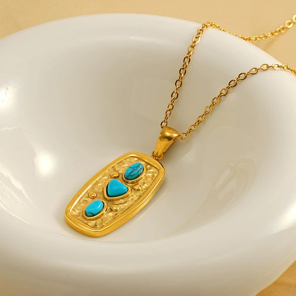 Retro Love Turquoise 316L Stainless Steel And 316L Stainless Steel Pendant Geometric Goldplated Necklace