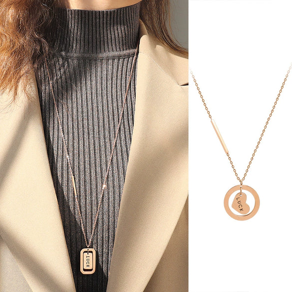 Retro Lucky Chain Heart Necklace 316L Stainless Steel 18K Gold Plated Women's