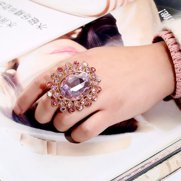 Retro Luxury Alloy Adjustable Open Ring With Crystal Glass Diamond Flower Design For Couples