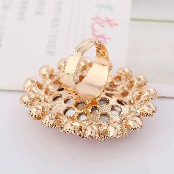 Retro Luxury Alloy Adjustable Open Ring With Crystal Glass Diamond Flower Design For Couples