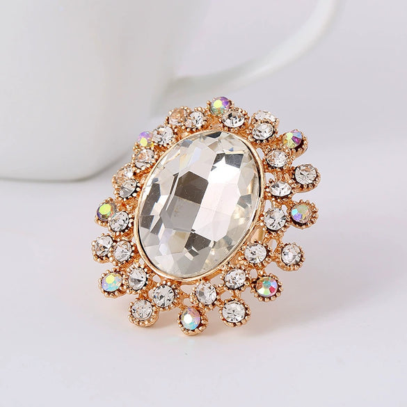 Retro Luxury Alloy Adjustable Open Ring With Crystal Glass Diamond Flower Design For Couples