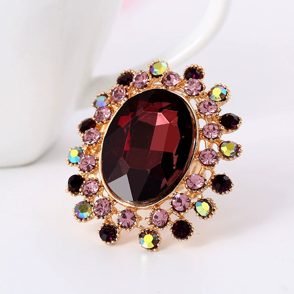 Retro Luxury Alloy Adjustable Open Ring With Crystal Glass Diamond Flower Design For Couples