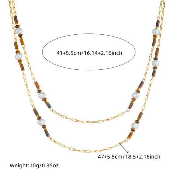 Retro Maillard Geometric Tiger's Eye Stainless Steel Pendant Necklace With Electroplating