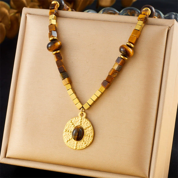 Retro Maillard Geometric Tiger's Eye Stainless Steel Pendant Necklace With Electroplating