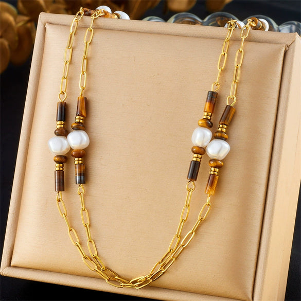 Retro Maillard Geometric Tiger's Eye Stainless Steel Pendant Necklace With Electroplating