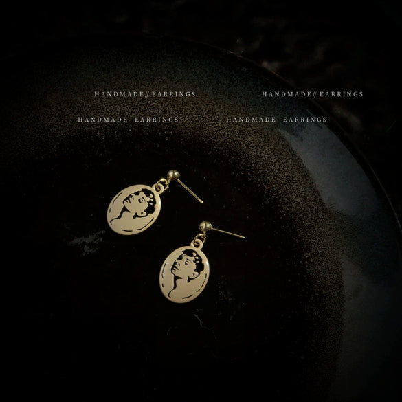 Retro Matte Geometric Carved Copper Earrings With Electroplated Finish And Cartoon Character Style For Women