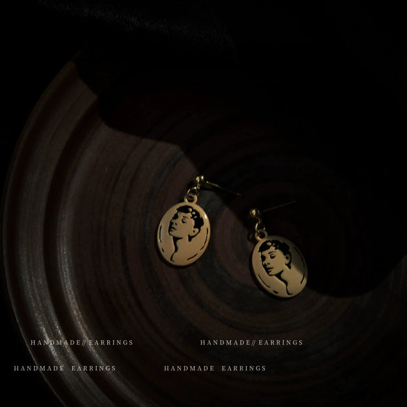 Retro Matte Geometric Carved Copper Earrings With Electroplated Finish And Cartoon Character Style For Women