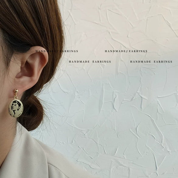 Retro Matte Geometric Carved Copper Earrings With Electroplated Finish And Cartoon Character Style For Women