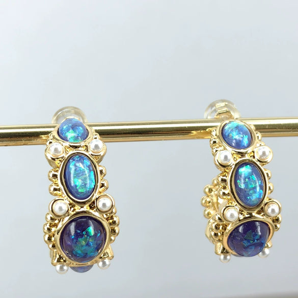 Retro Medieval Geometric Blue Gold Plated Alloy Earrings With Silver Ear Posts For Women