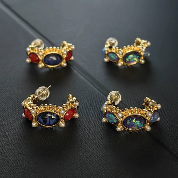 Retro Medieval Geometric Blue Gold Plated Alloy Earrings With Silver Ear Posts For Women