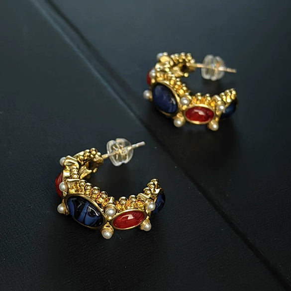 Retro Medieval Geometric Blue Gold Plated Alloy Earrings With Silver Ear Posts For Women