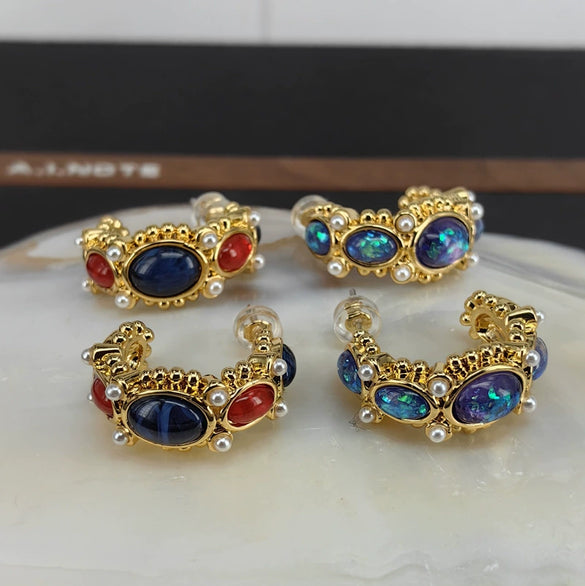 Retro Medieval Geometric Blue Gold Plated Alloy Earrings With Silver Ear Posts For Women