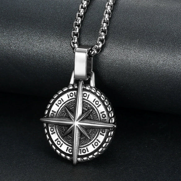 Retro Men's Navigator Compass Pendant Necklace In Stainless Steel With Polishing