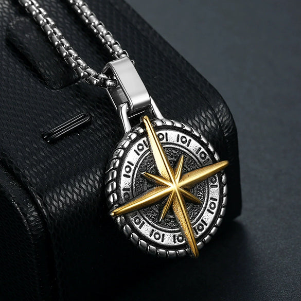 Retro Men's Navigator Compass Pendant Necklace In Stainless Steel With Polishing