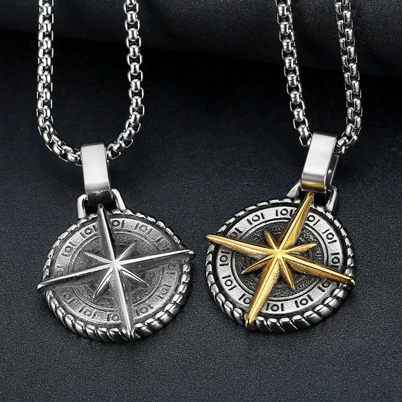 Retro Men's Navigator Compass Pendant Necklace In Stainless Steel With Polishing