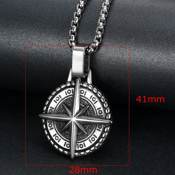 Retro Men's Navigator Compass Pendant Necklace In Stainless Steel With Polishing