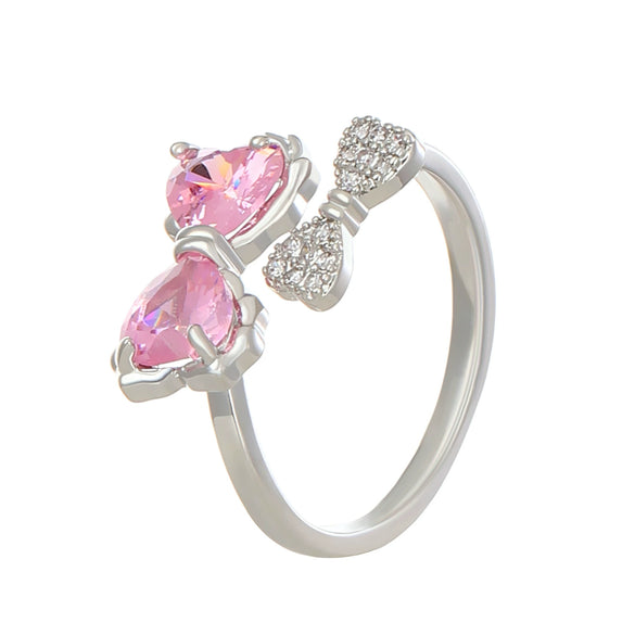 Retro Metal Bow Ring With Microinlaid Pink Zircon Electroplated For Women
