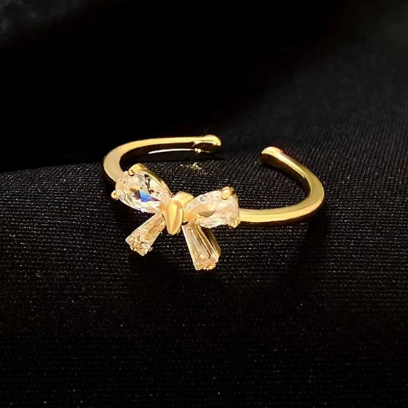 Retro Metal Bow Ring With Microinlaid Pink Zircon Electroplated For Women