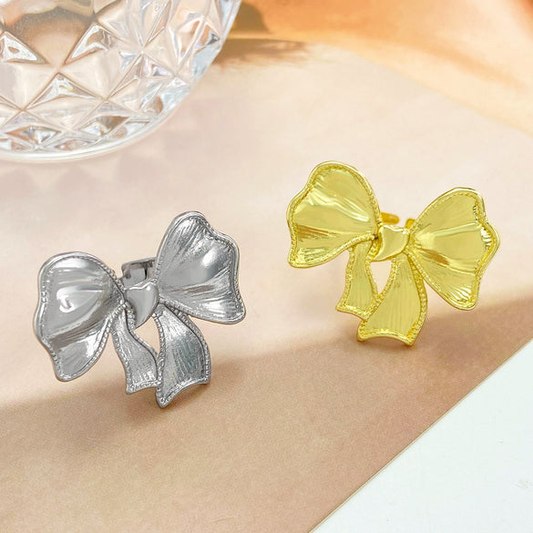 Retro Metal Bow Ring With Microinlaid Pink Zircon Electroplated For Women