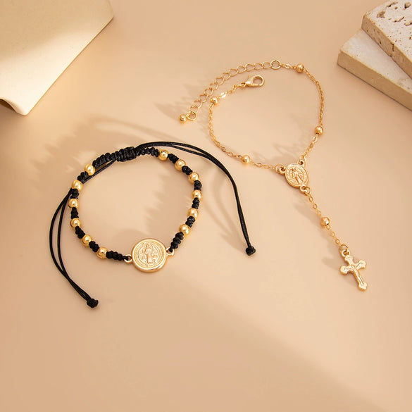 Retro Metal Geometric Hiphop Bracelet With Cross Tassel Coin Chain Jade Wire Copperclad Iron Chain Alloy Electroplated