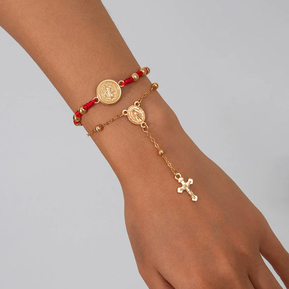 Retro Metal Geometric Hiphop Bracelet With Cross Tassel Coin Chain Jade Wire Copperclad Iron Chain Alloy Electroplated