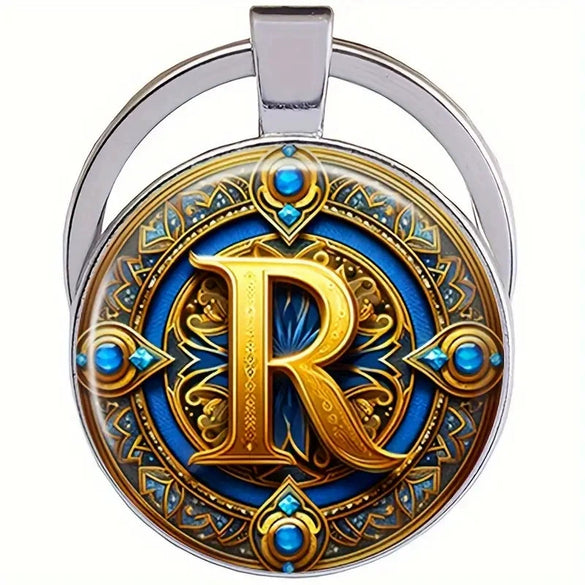 Retro Metal Letter Keychain With Round Alloy Key Ring And Glass Cabochon