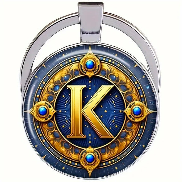 Retro Metal Letter Keychain With Round Alloy Key Ring And Glass Cabochon