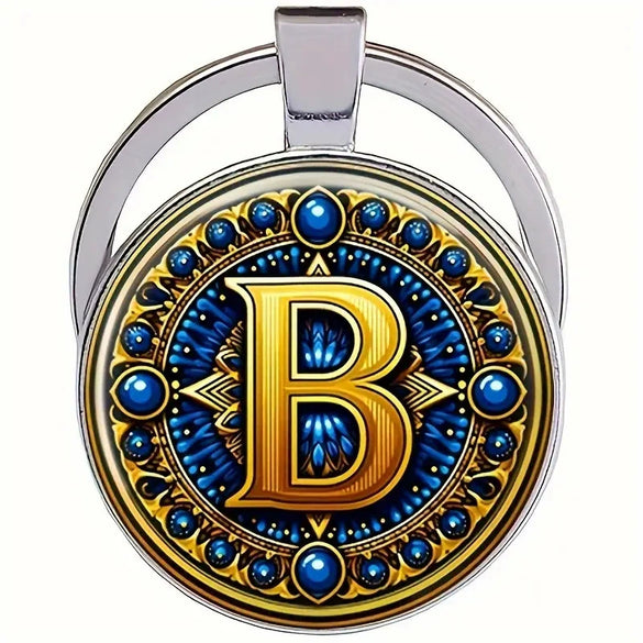 Retro Metal Letter Keychain With Round Alloy Key Ring And Glass Cabochon