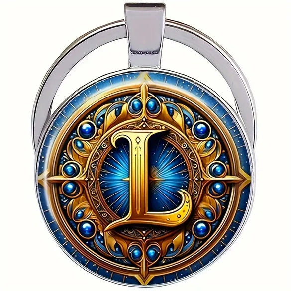 Retro Metal Letter Keychain With Round Alloy Key Ring And Glass Cabochon