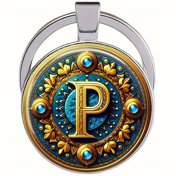 Retro Metal Letter Keychain With Round Alloy Key Ring And Glass Cabochon