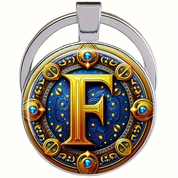 Retro Metal Letter Keychain With Round Alloy Key Ring And Glass Cabochon