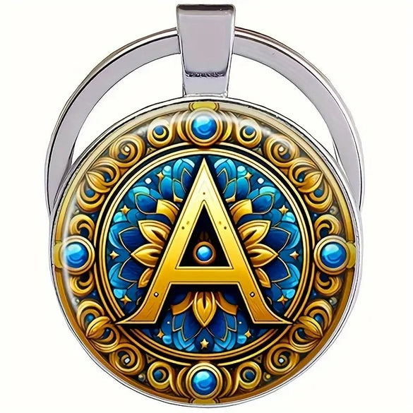 Retro Metal Letter Keychain With Round Alloy Key Ring And Glass Cabochon