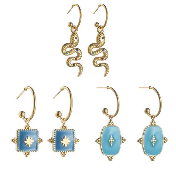 Retro Microinlaid Snakeshaped Titanium Steel Earrings For Women With Electroplating Treatment And Awn Star Design