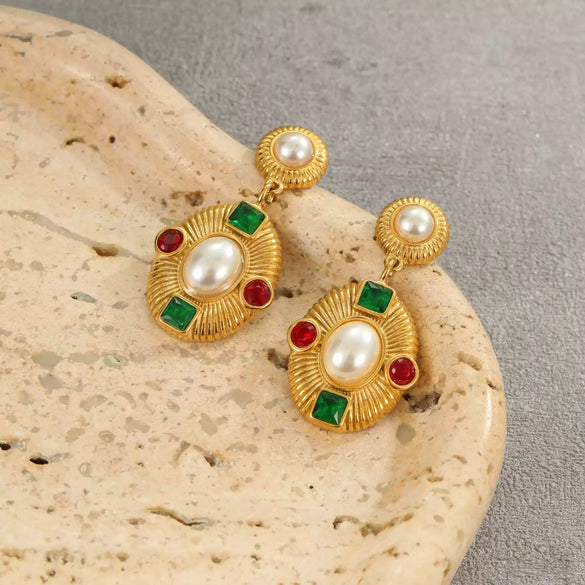 Retro Midcentury Style Exaggerated Geometric Earrings Stainless Steel 18K Gold Plated Inlaid With Pearls And Zircons