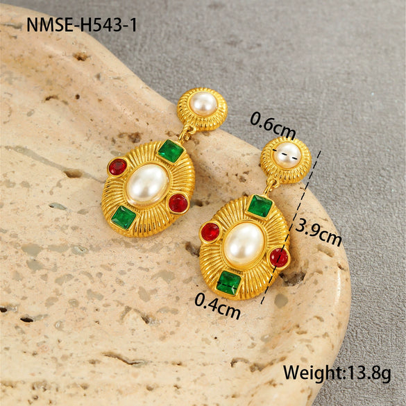 Retro Midcentury Style Exaggerated Geometric Earrings Stainless Steel 18K Gold Plated Inlaid With Pearls And Zircons